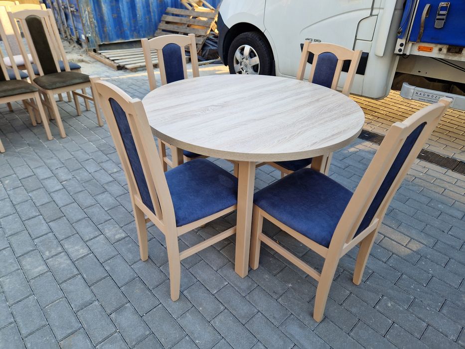 Nowe: Stół okrągły + 4 krzesła, sonoma + metaliczny granat, trans PL
