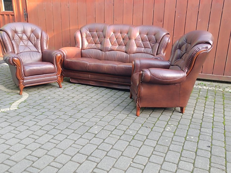 Komplet skórzany 3+1+1, sofa i fotele, styl Ludwikowski, skóra natural