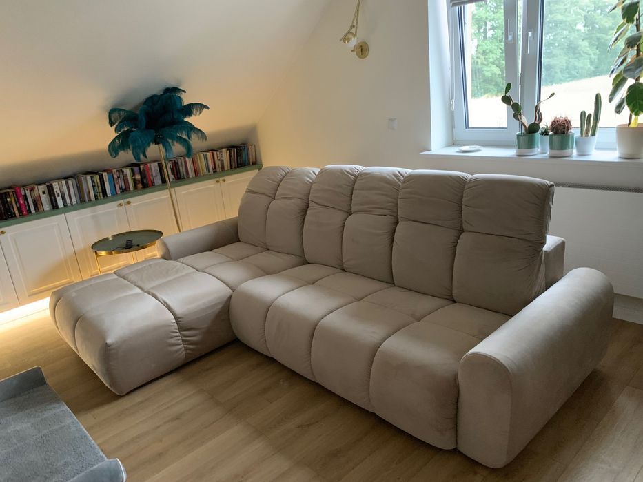 Beżowa sofa narożnik bullet befame funkcja spania