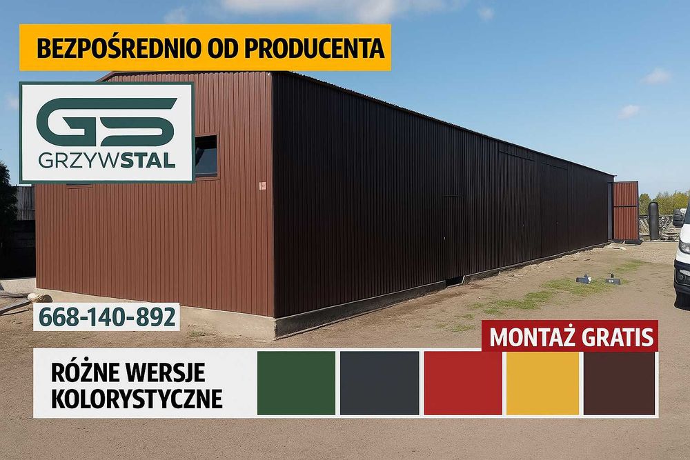 Długi Garaż Blaszany - HALA - Magazyn na Maszyny Wiata    – GRZYWSTAL