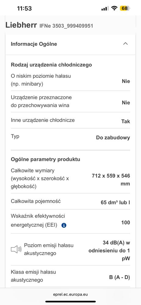 nowa chlodziarka pod zabudowe liebherr