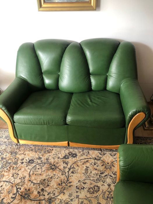 Kanapa sofa retro ze skóry naturalnej zielona rozkładana