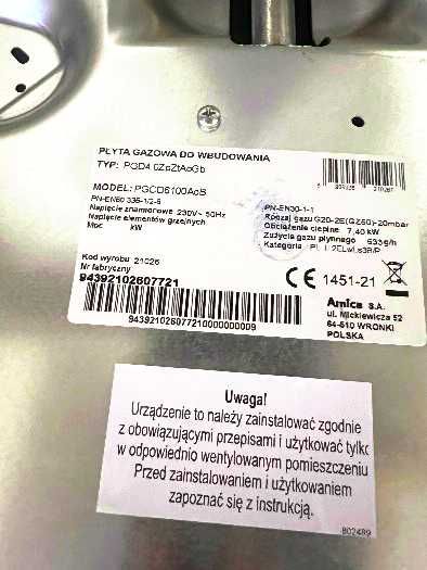 Amica płyta gazowa do wbudowania PGD.GZpZtAoGb Model: PGCD6100AoB