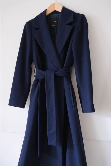 Massimo Dutti Klasyczny granatowy płaszcz wełna