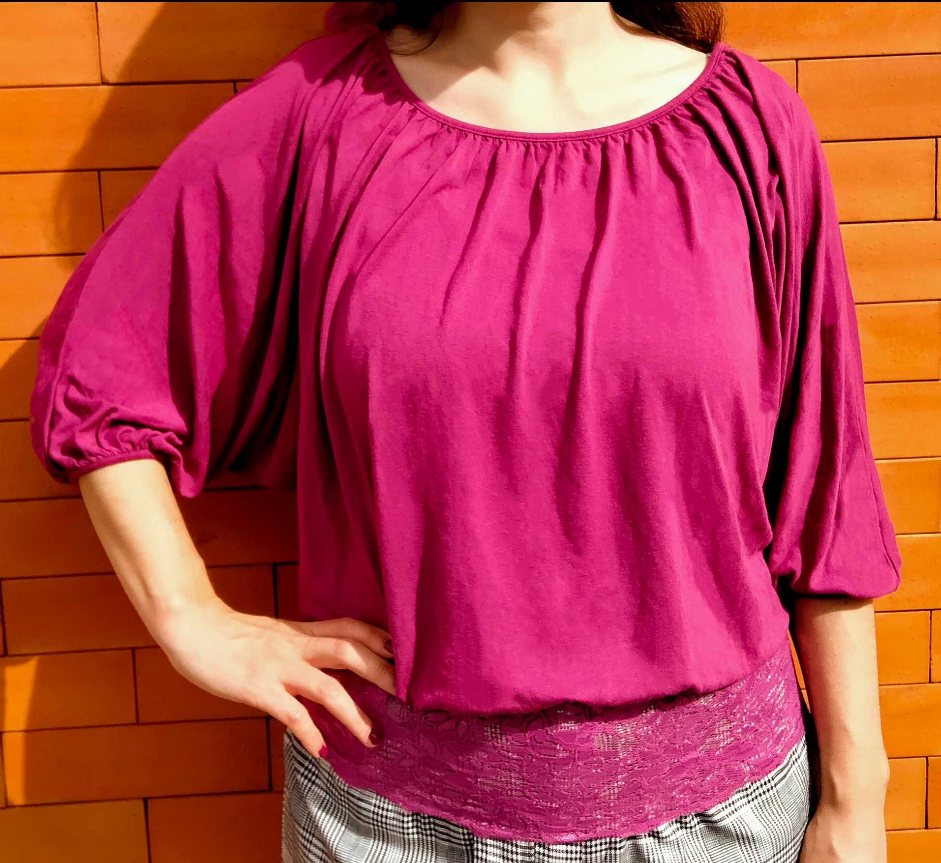 blusa tunica pulover camisa fuschia plissado meia manga renda decote U