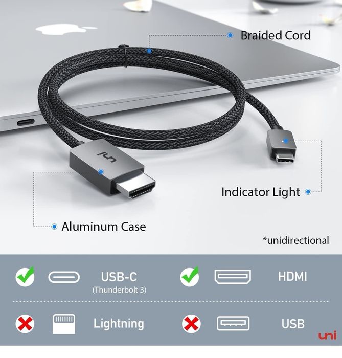 Uni  Kabel Przejściówka USB-C NA HDMI 4K 30Hz 1,8M, transmisja danych