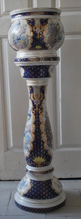 Coluna Porcelana com Vaso Policromada Azuis Dourados da FPL Alcobaça