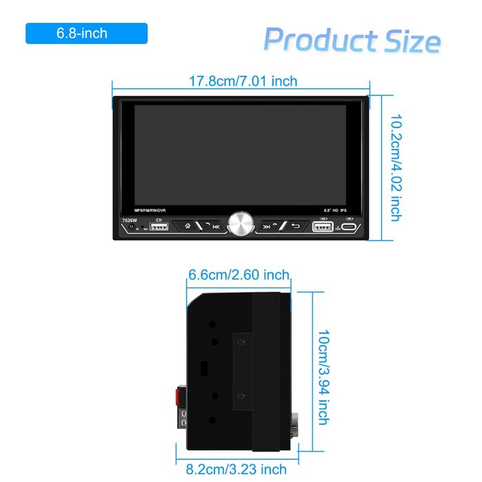Autorrádio 6.8" IPS 2Din Wireless CarPlay/Android Auto BT USB