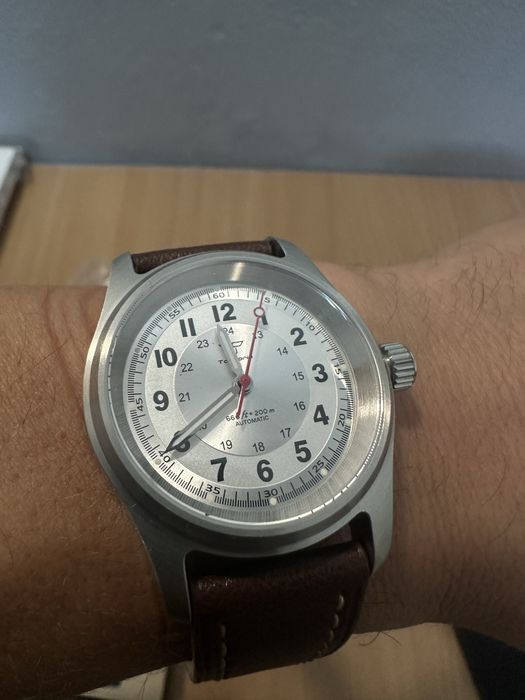 Zegarek Tandorio Automatic srebrna tarcza skórzany pasek