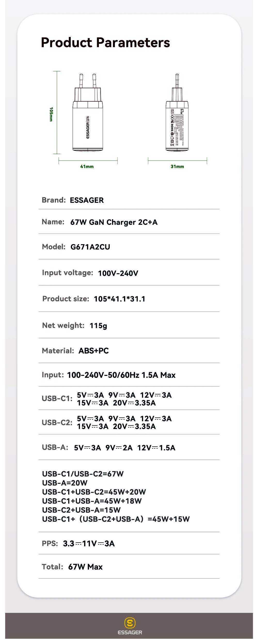 Зарядное устройство Essager Asometech GaN 65 / 67 W быстрая зарядка