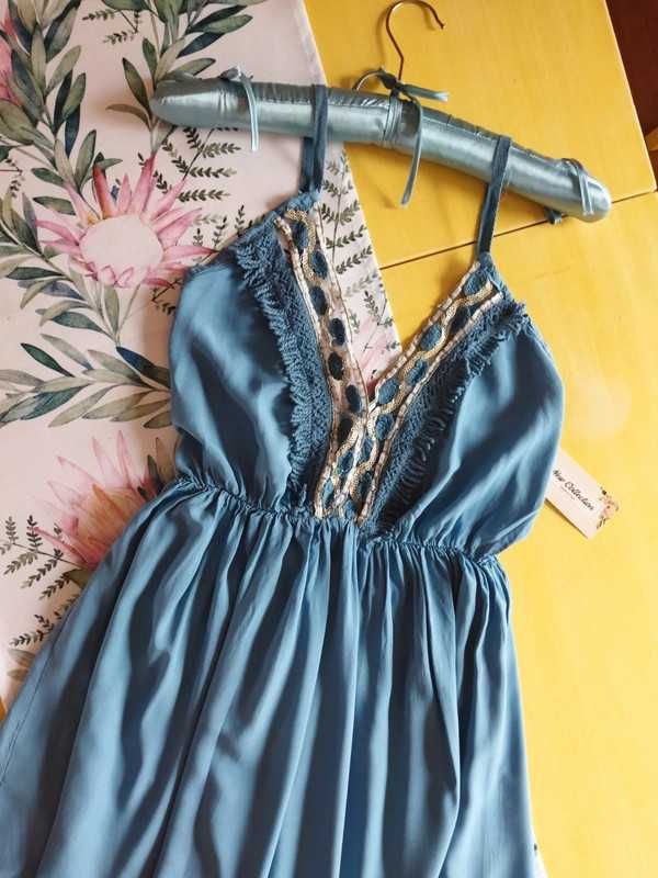 Sukienka letnia midi BOHO ozdobny dekolt kolor morski S M L