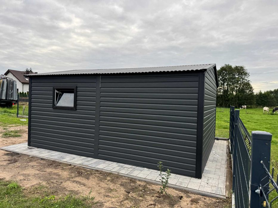 Garaż blaszany 4x6m dwuspadowy, grafit + czarny, profil ocynk