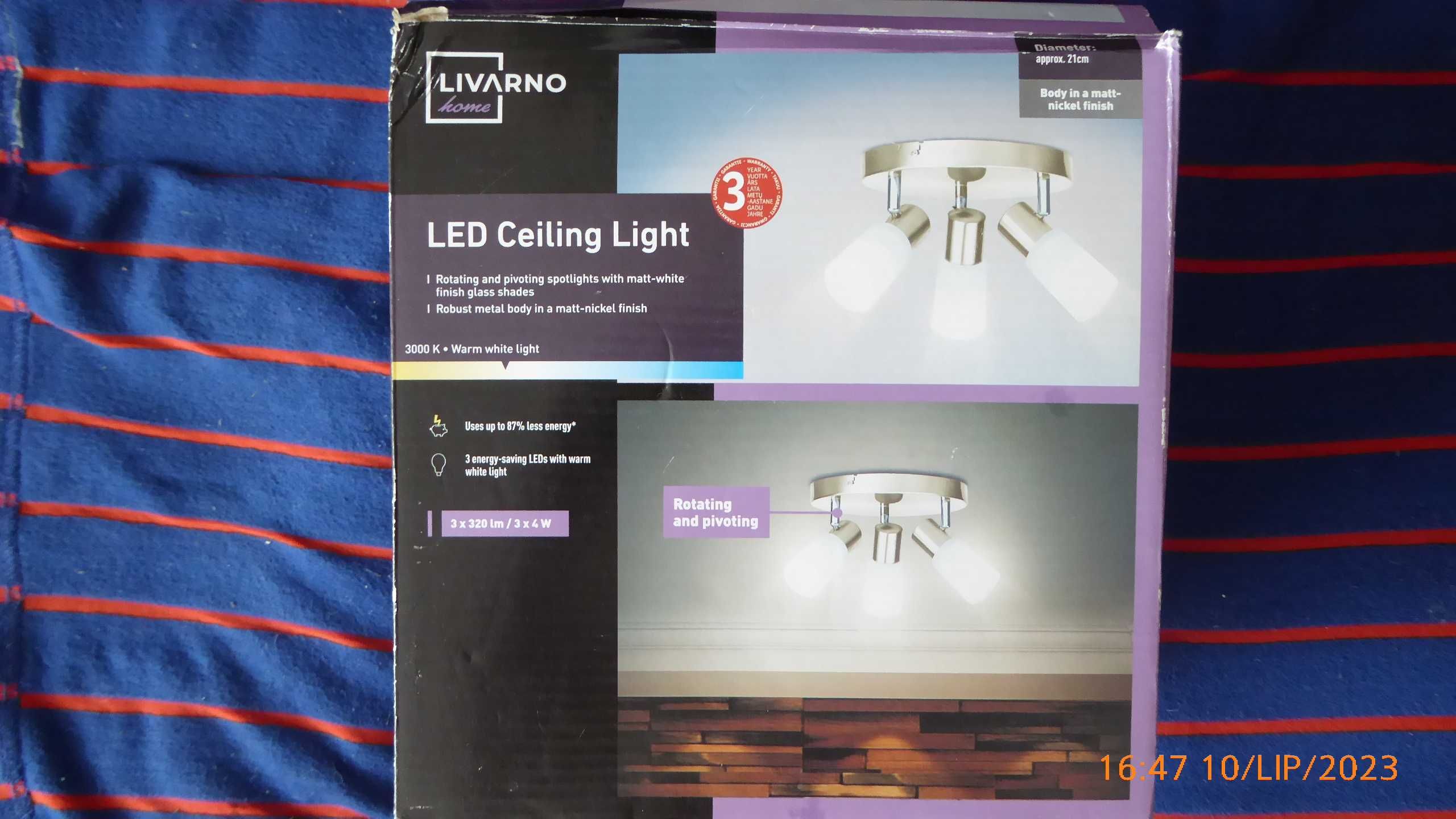 Nowa lampa LED, ścienno-sufitowa LIVARNO 3x4W/320lm.