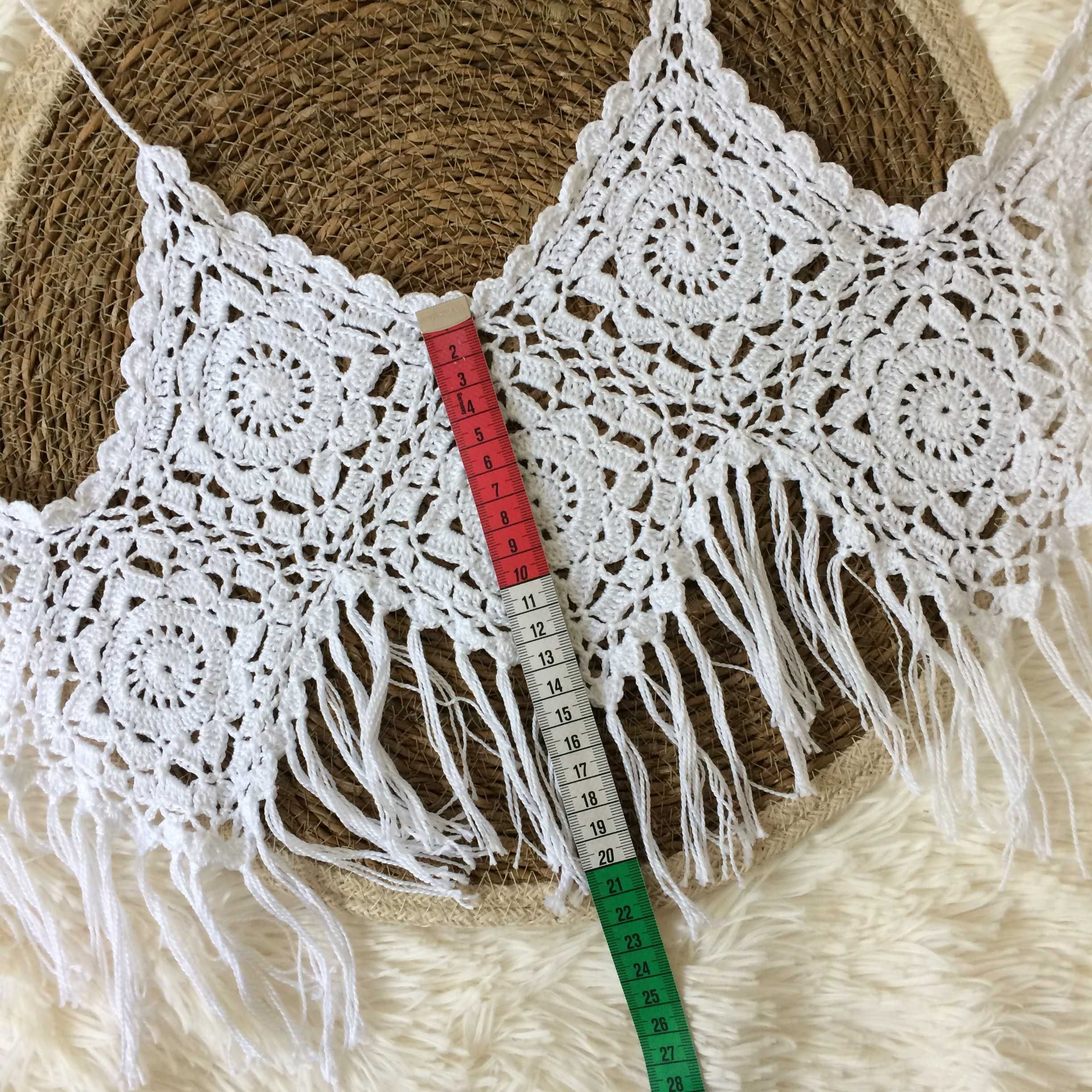 Crop top biały boho hippie szydełko frędzle letni plażowy ażur XS 34