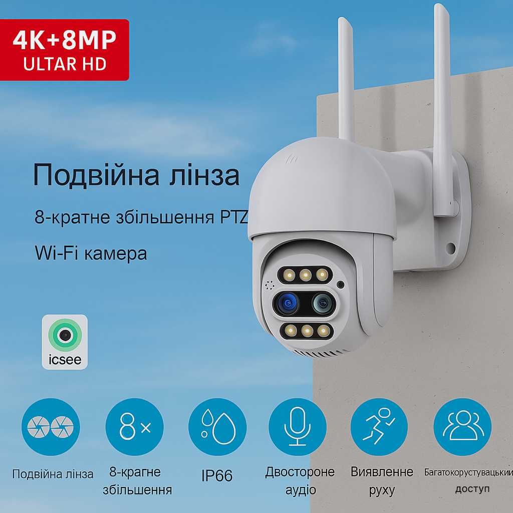 Гібридна IP WiFi камера відеонагляду icsee A20W 8Мп з якісним зумом