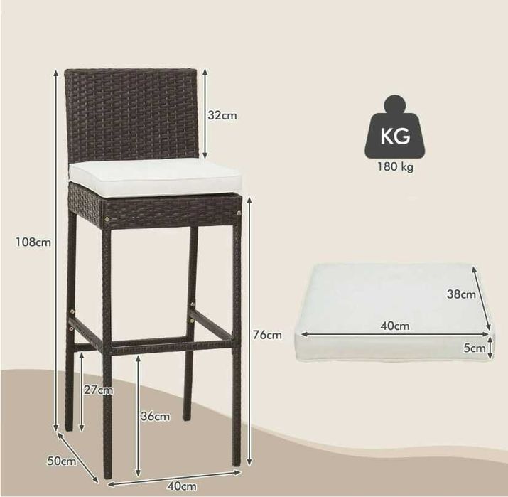 Zestaw 2 rattanowych hokerów barowych na taras, z poduszkami 180 kg