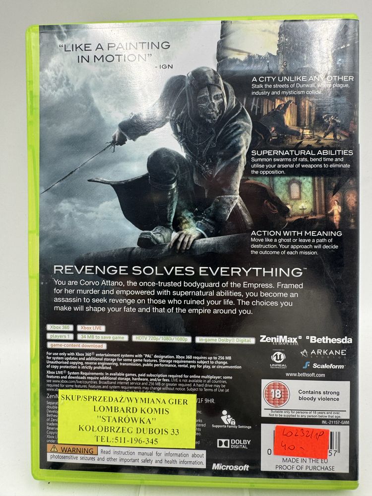Dishonored Xbox 360 Gwarancja