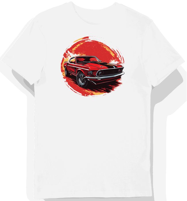 Koszulka męska biała z kultowym Fordem Mustangiem 1969 L
