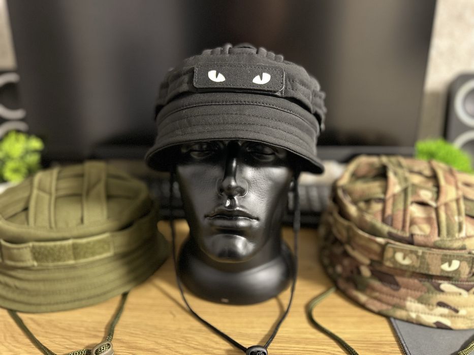 Утеплена короткопола панама софтшел на флісі чорні хакі мультикам пікс