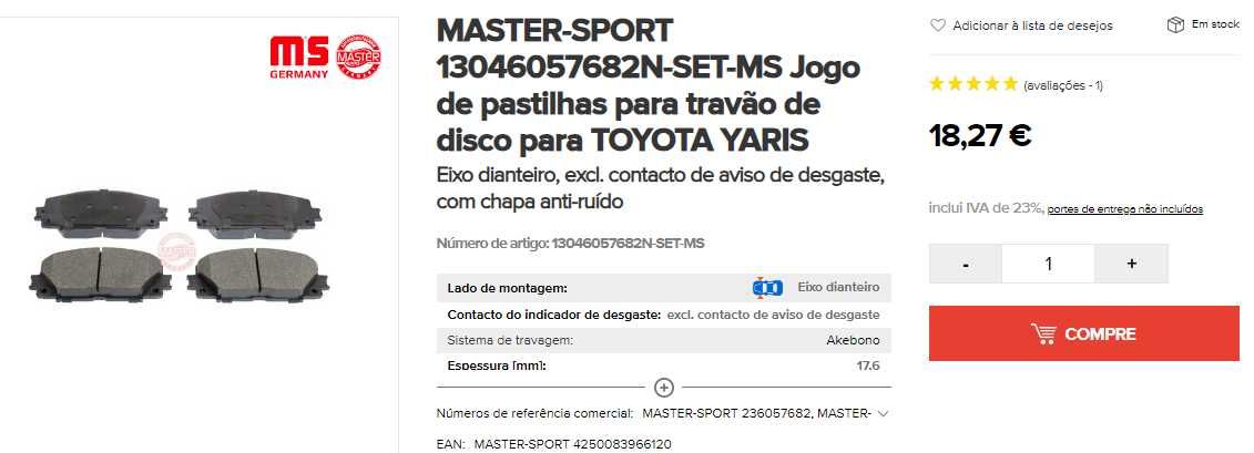 Jogo de pastilhas para travão de disco para TOYOTA YARIS. Novas.