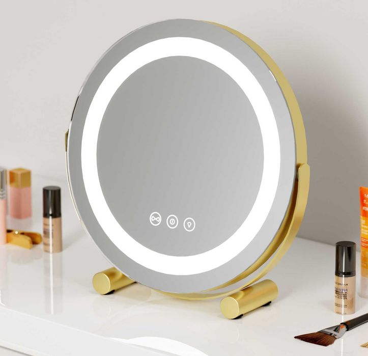 Okrągłe lusterko kosmetyczne 3 odcienie LED USB C złoto szczotkowane