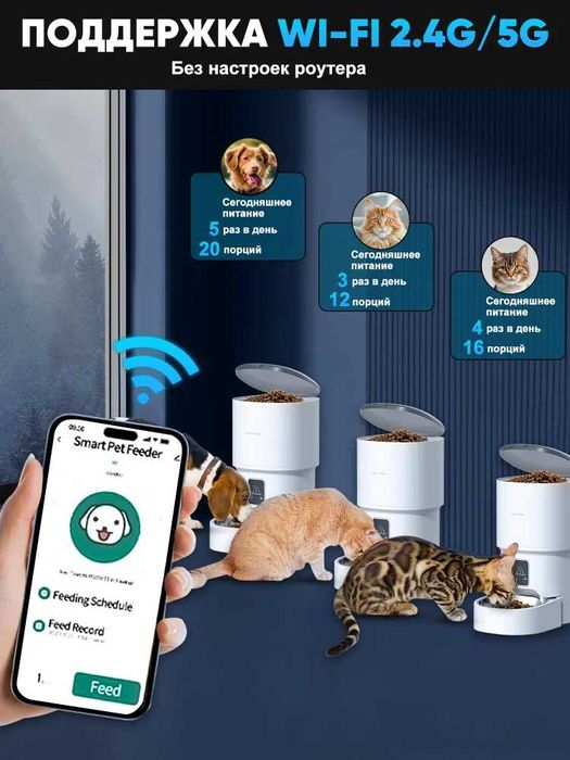 Автоматическая кормушка для кошек и собак, с миской 4 литра, WI Fi