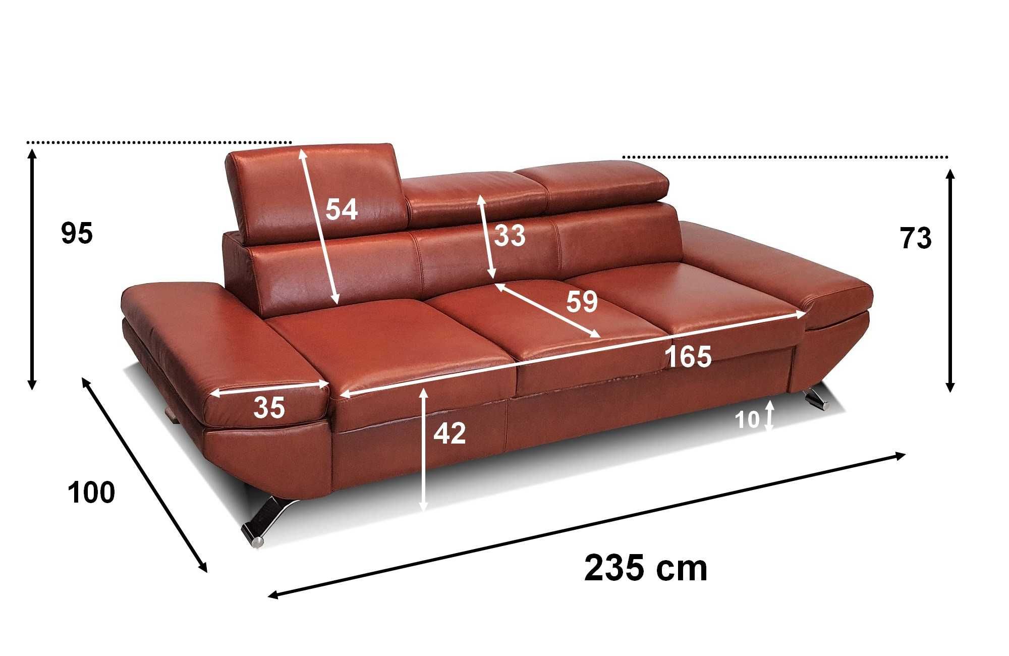 Piękna sofa 3os ze skóry, kanapa 235cm skórzana, wersalka SKÓRA natur.
