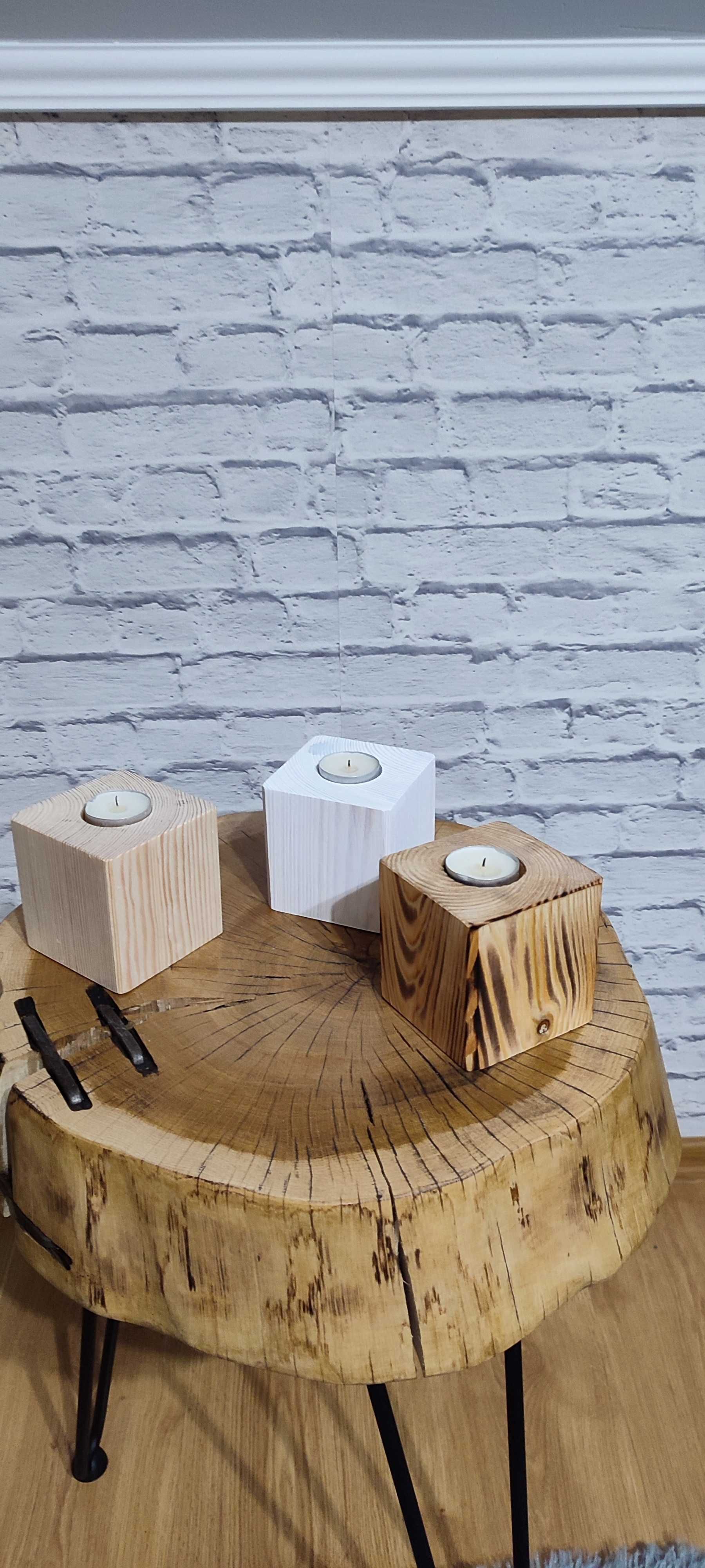 Świeczniki drewniane kwadratowe komplet 3 sztuki