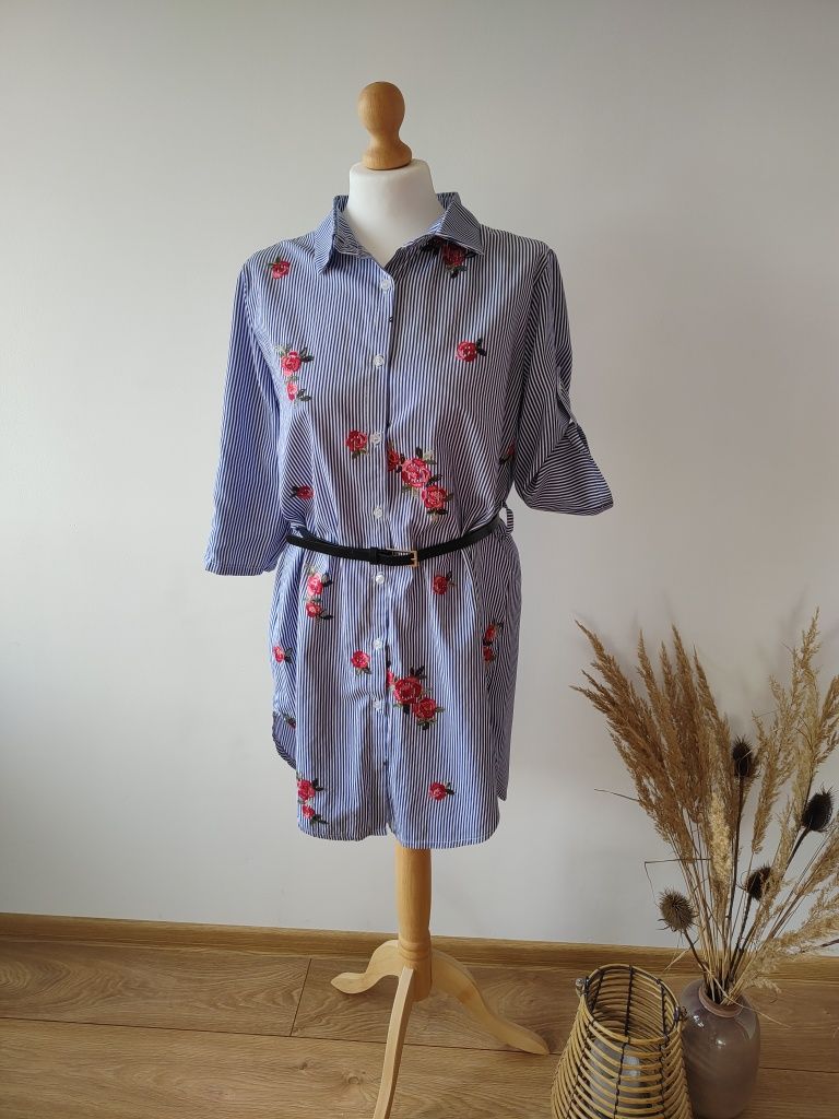 Koszula maxi oversize w paskii kwiatyi bawełna Made in Italy XXL