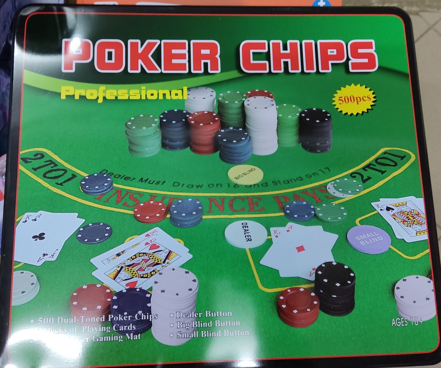 покер фишки 500шт с номеналом карти 2 колоды  сукно метал 33-29-7см