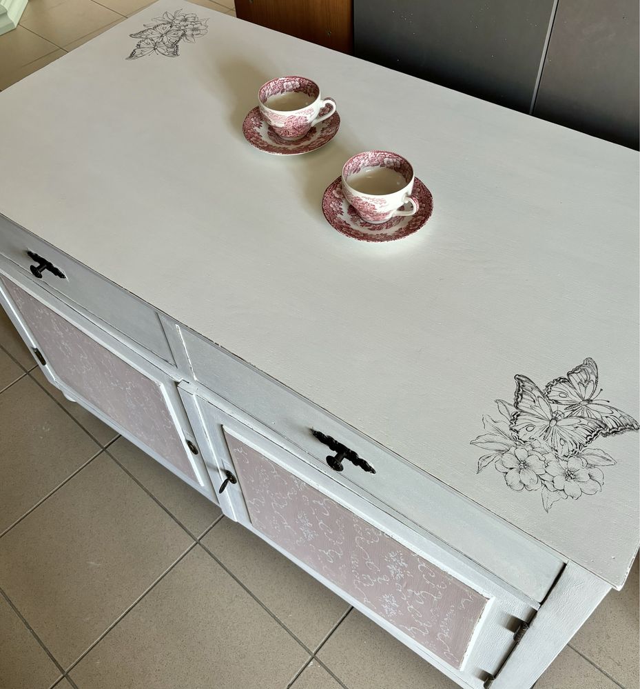 Szafka stolik ława drewniana shabby Prowansja biała różowa