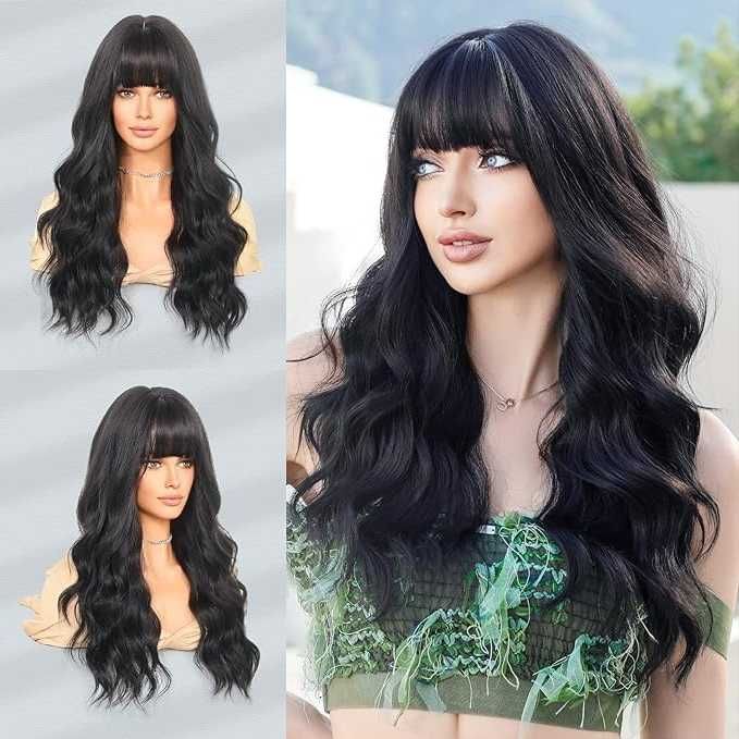 Peruka damska długie włosy czarne fale z grzywką realistyczna 65 cm