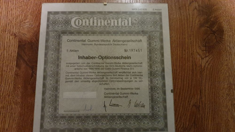 Kolekcjonerska akcja Continental w antyramie