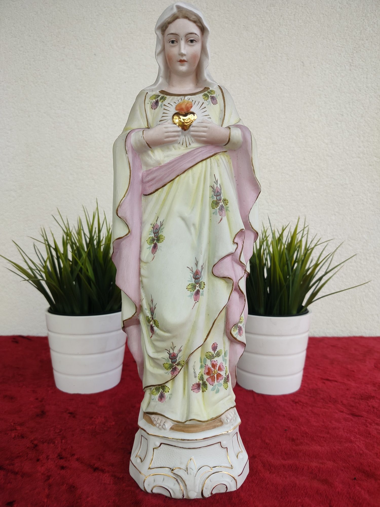 Stara piekna duza Biskwitowa figurka Serca Maryi Matka Boska porcelana