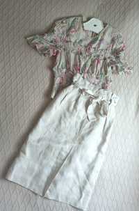 Naturalny zestaw H&M len bawełna XS-S spódnica I bluzka w kwiatuszki