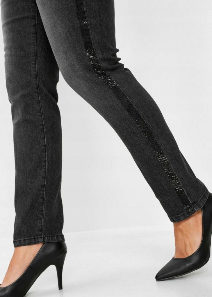 bonprix proste spodnie jeansowe zdobienie lampas kieszenie 44