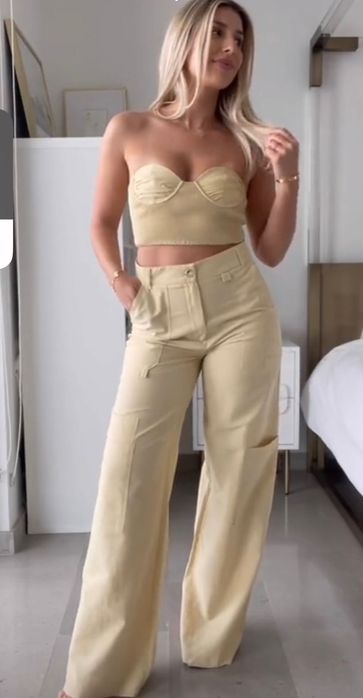 Лляні жовті брюки ZARA прямі на талію льон льняные желтые котон осень