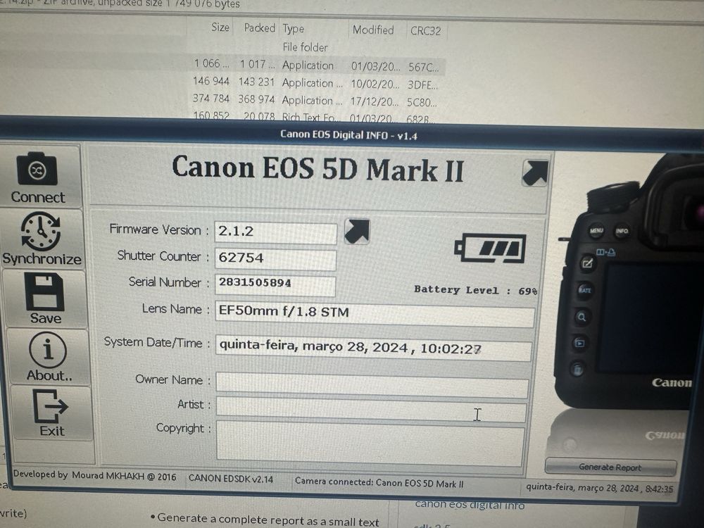 Maquina Canon 5D Mark II + lente 50mm + mala + varios acessorios
