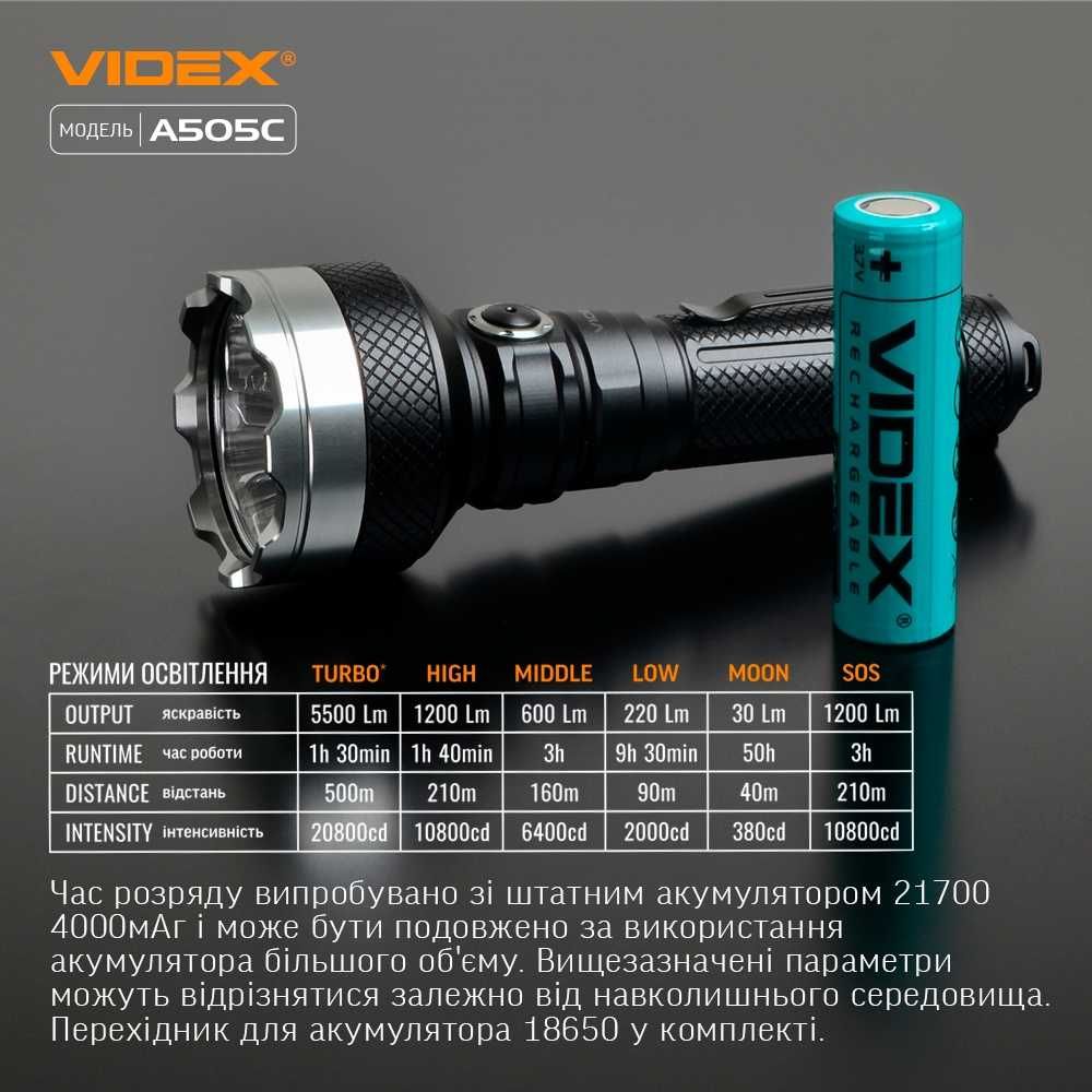 Ручной Фонарик VIDEX VLF- A505С  Светодиодный  5500L  5000K 500метров