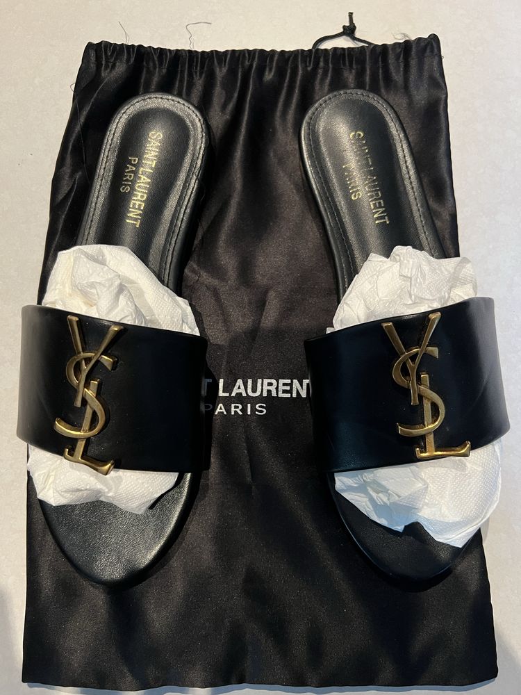 YSL klapki skórzane 39 złote logo