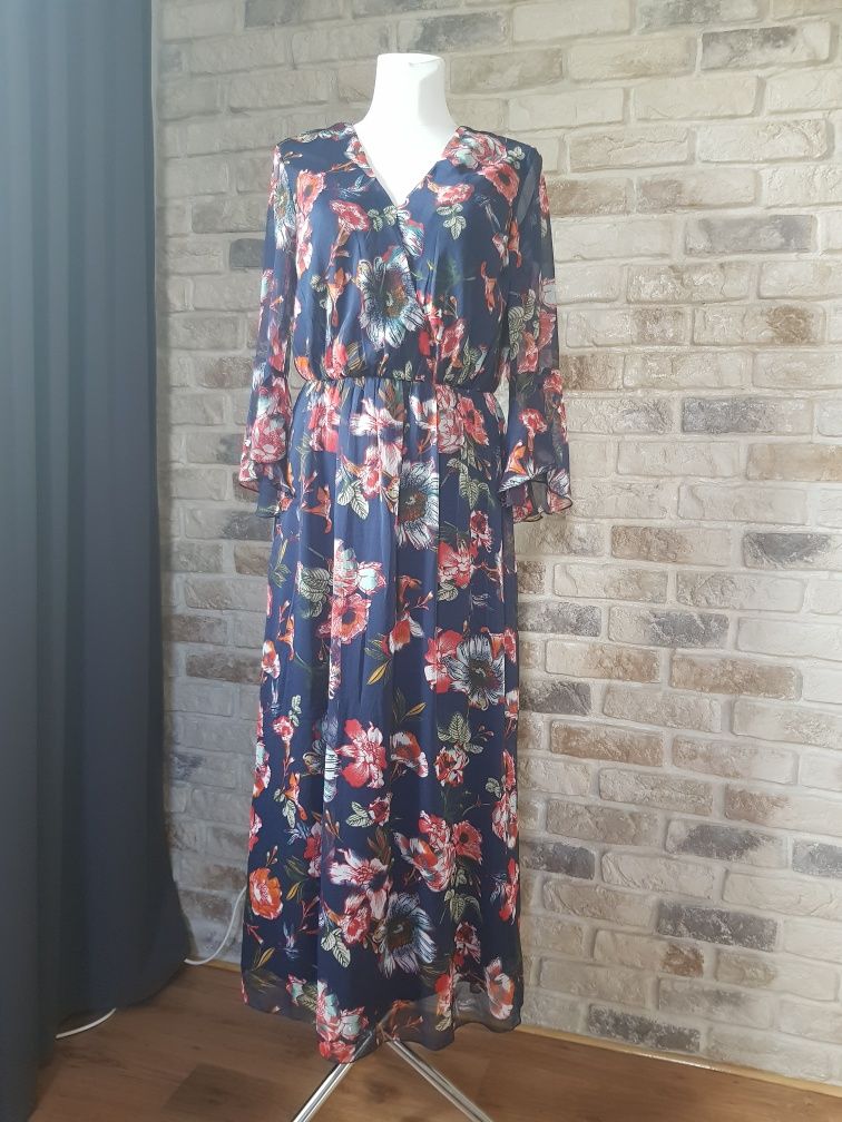Piękna elegancka sukienka wiosna jesień maxi w kwiaty M L