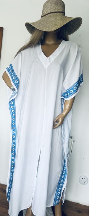 Długa biała plażowa tunika oversize uniwersalna niebieska sukinenka