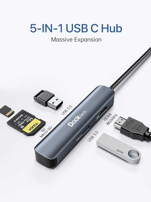 Адаптер хаб Dockteck 5-в-1 USB-C 4K 60 Гц SD/Micro SD USB 3.0