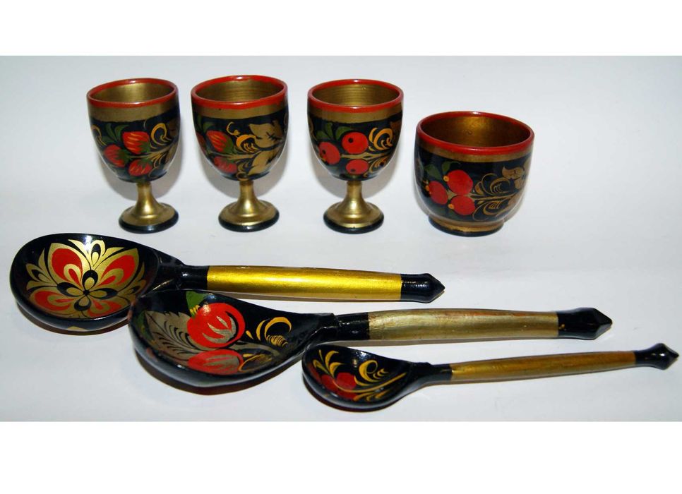 Хохлома роспись по дереву Винтаж СССР Шкатулка Стопка Рюмка Ложка