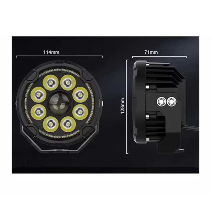 Faróis Auxiliares LED 4.5 Pol 70W - Projector 9 LEDs luz Presença halo