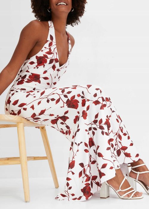 B.P.C długa sukienka biała w bordowe kwiaty z dekoltem halter 44/46.