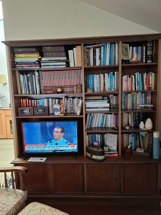 estante de nogueira para livros e televisao