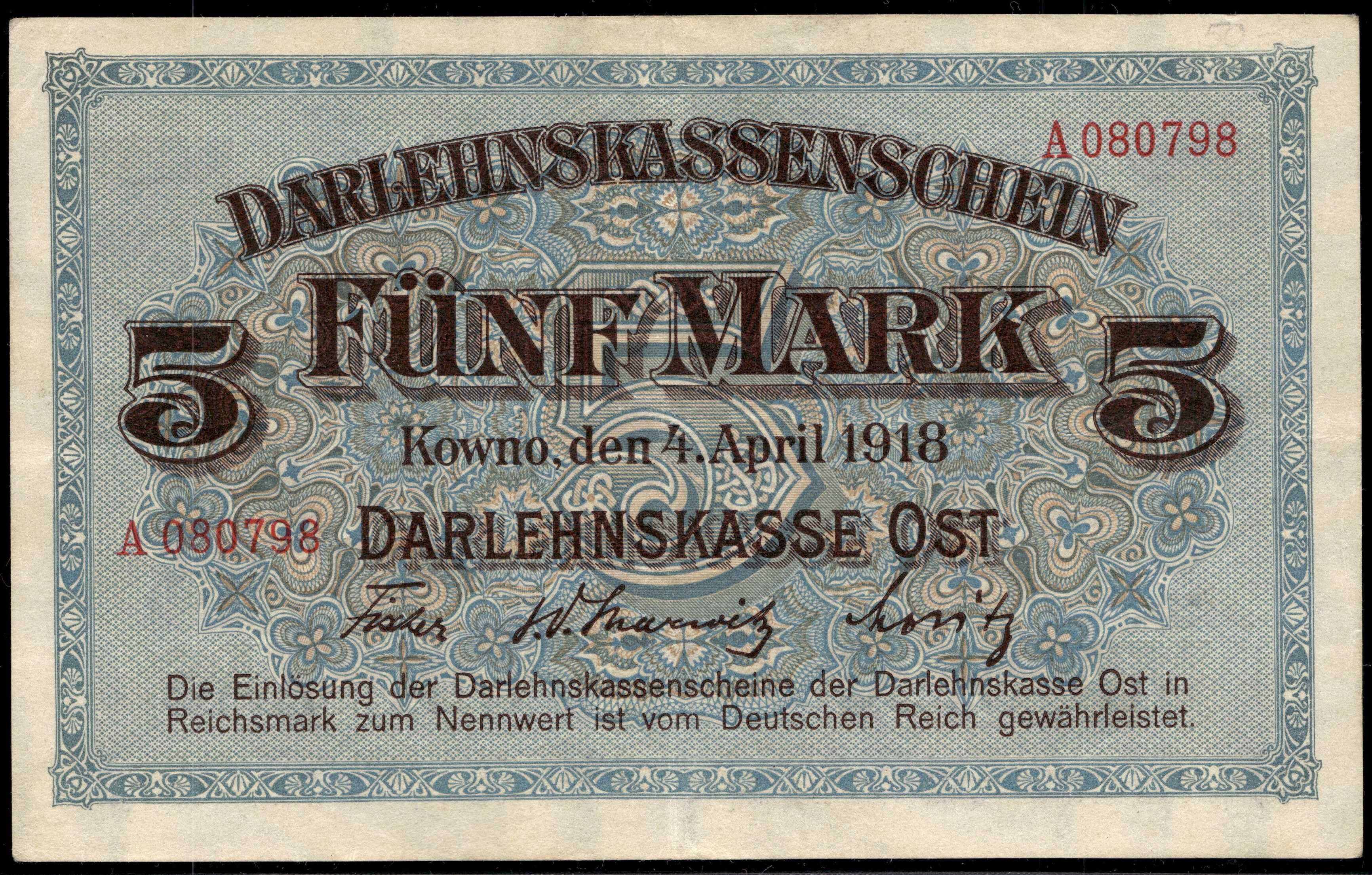 Kowno 5 Marek 1918 Seria A080798 Bardzo dobry stan XF+