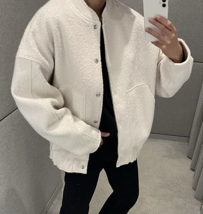 Kurtka bomberka boucle kremowa Zara oversize xs-s
