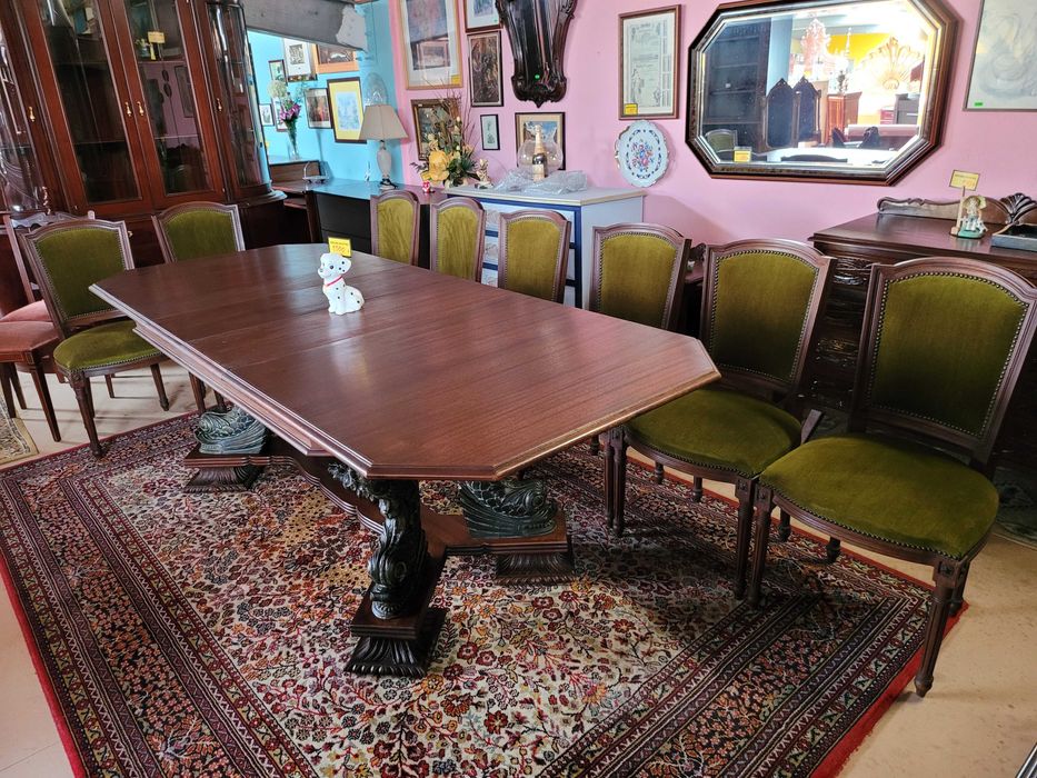 Cadeiras antigas em madeira maciça e veludo de cor verde -ópti